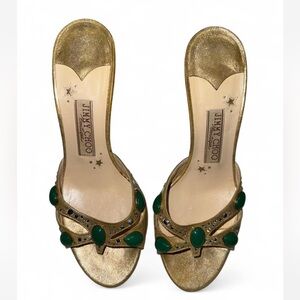 Jimmy Choo Gold Slide Sandals with Green Gem Embellishments